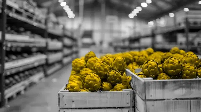 Black and white photo of produce in the warehouse. Apples colored yellow.