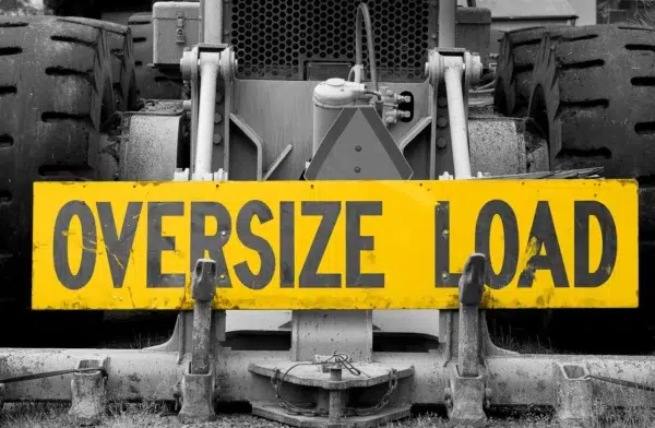 Black and white photo of a truck. Sign Oversized Load colored yellow.