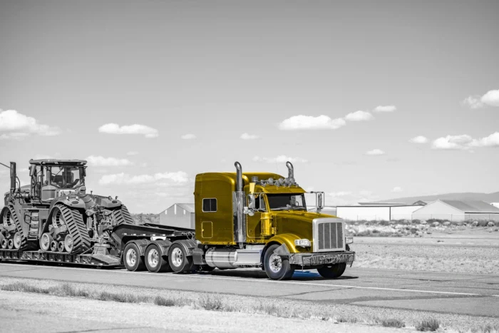 Black and white photo of a truck carrying a tractor. Truck colored yellow.