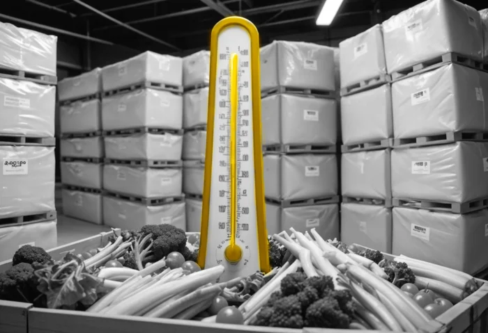 Black and white photo of produce in the warehouse. Thermometer colored yellow.