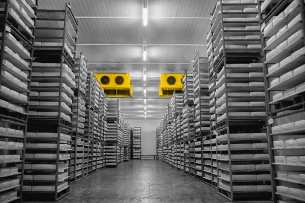 Black and white photo of a warehouse. Ventilation colored yellow.